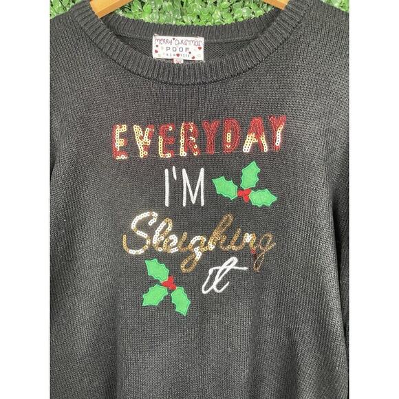 Poof Merry Christmas Sweater Women Size L Black Sequins Everyday Im Sleighing It - Picture 8 of 9